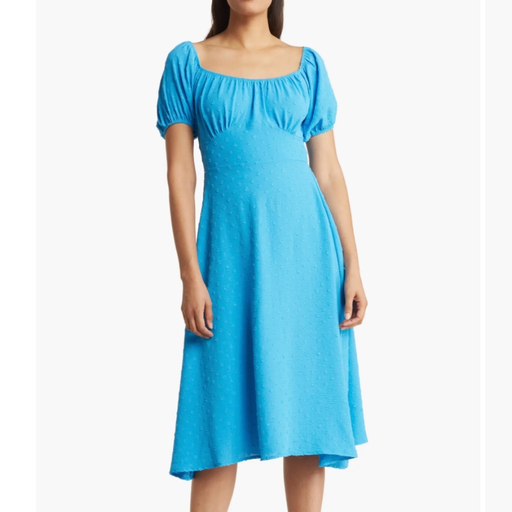 Velvet Torch Blue Puff Sleeve Sweetheart Midi Dress | Size XS | NWT